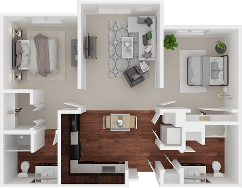 Floor plan for 2 beds, 2 baths, 1011 sqft